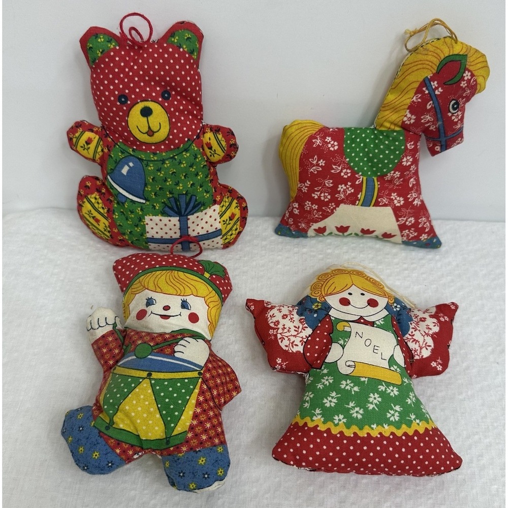 Set Of 4 Handmade Fabric Christmas Ornaments Drummer Boy Angel‎ Bear Horse